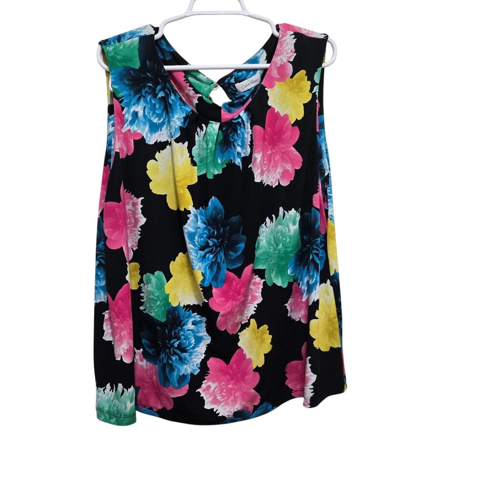 Calvin Klein Colorful Floral Pleated Neck Blouse Estimated 2X